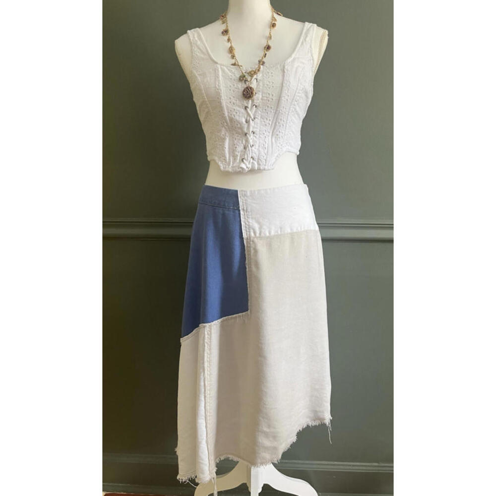 Anthropologie Holding Horses Patchwork Midi Skirt 10 Linen Lyocell Raw Hem Boho